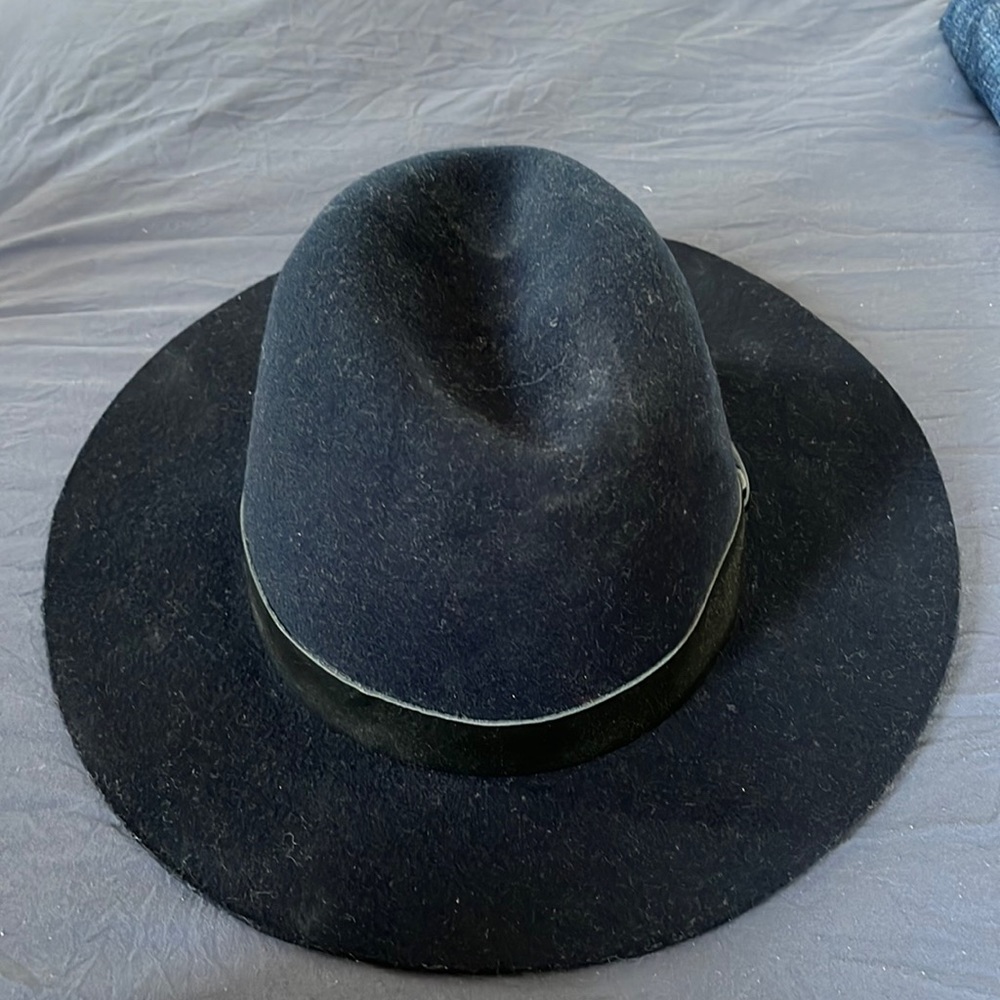 Hatattack navy blue wool hat with black trim NWT